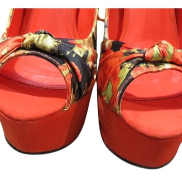 Qupid Penelope Orange Multi Suede Leather Peep Toe Platform Heels Stilettos - Picture 2 of 15